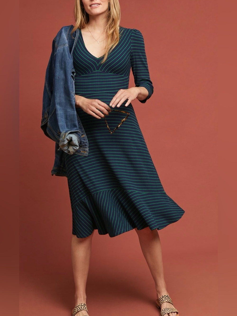 Women’s Anthropologie Maeve Ribbed Striped Flounced Hem Green Blue Dress Midi LP